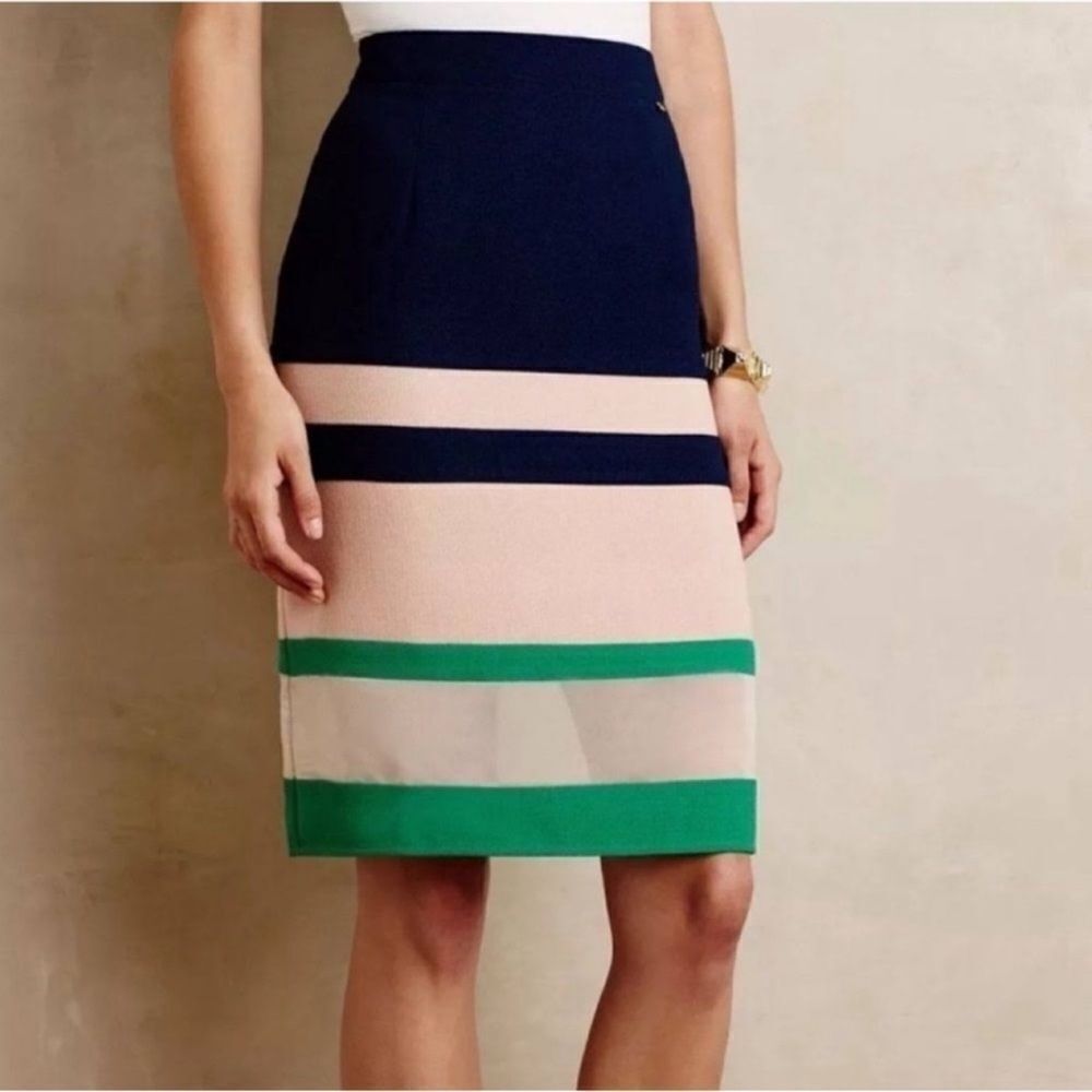Harlyn x Anthropologie XL Parfait Navy Green Stripes Chiffon Inset Pencil Skirt
